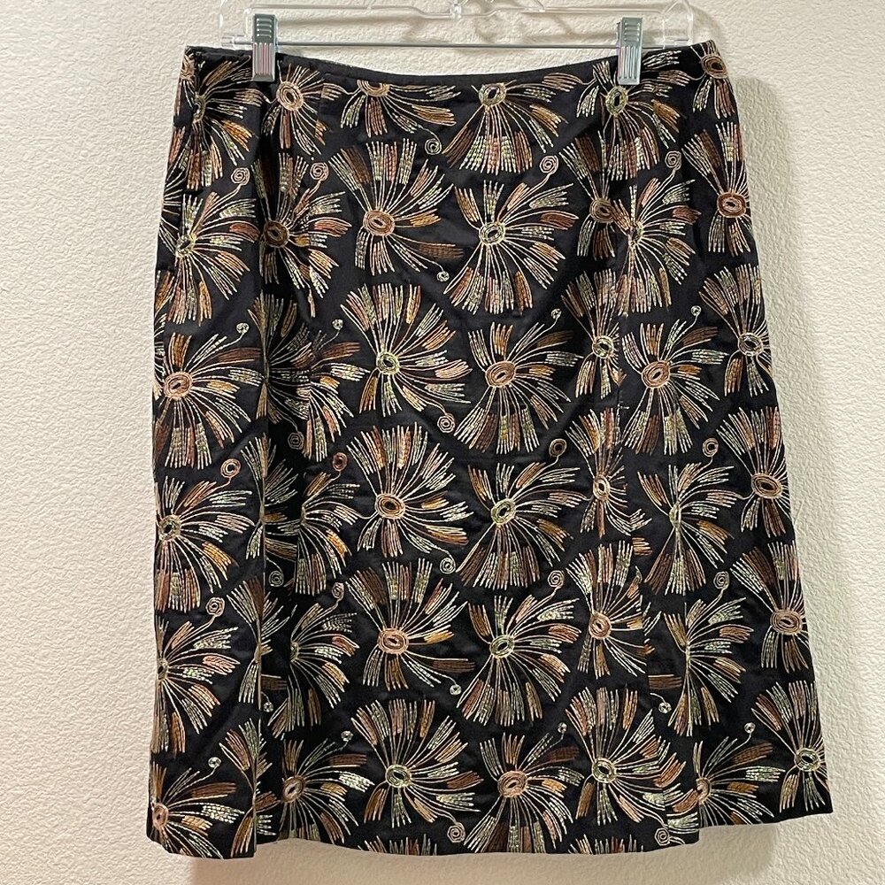 TALBOTS A-Line Skirt Embroidered Metallic Starbursts Black/Tan/Gold Women 12